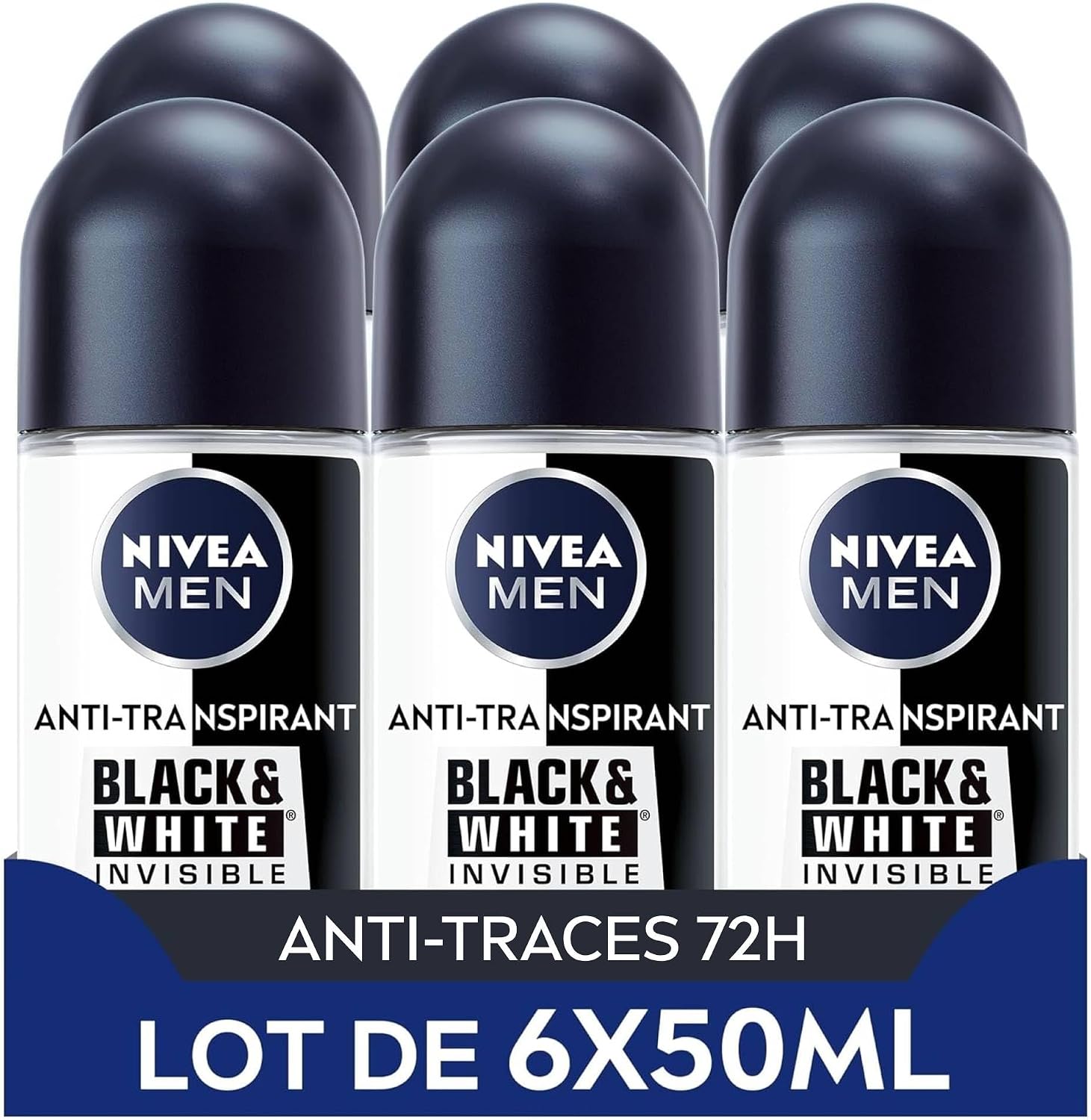 NIVEA MEN Déodorant Bille Black & White Invisible (6 x 50ml), déodorant homme anti-traces blanches et jaunes, anti-transpirant anti odeur & humidité, protection efficace 72 h, sans alcool - Image 1