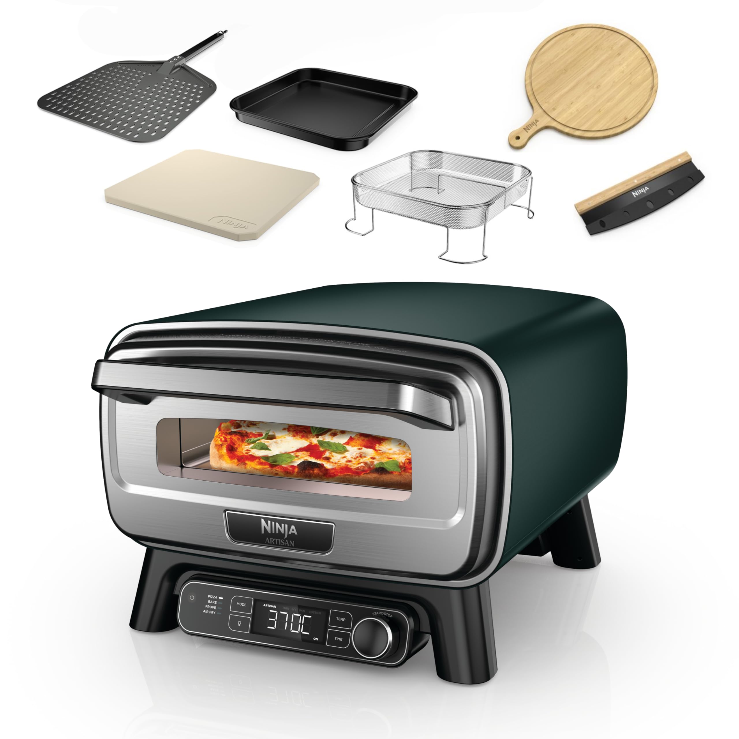 Ninja Artisan Outdoor Electric Oil-Free Pizza Oven and Fryer 4 Cooking Modes, Board, Pizza Knife, 30cm Pizza Stone, Pizza Shovel, Crussti Plate and Basket, Green MO201AMZEU - Image 1