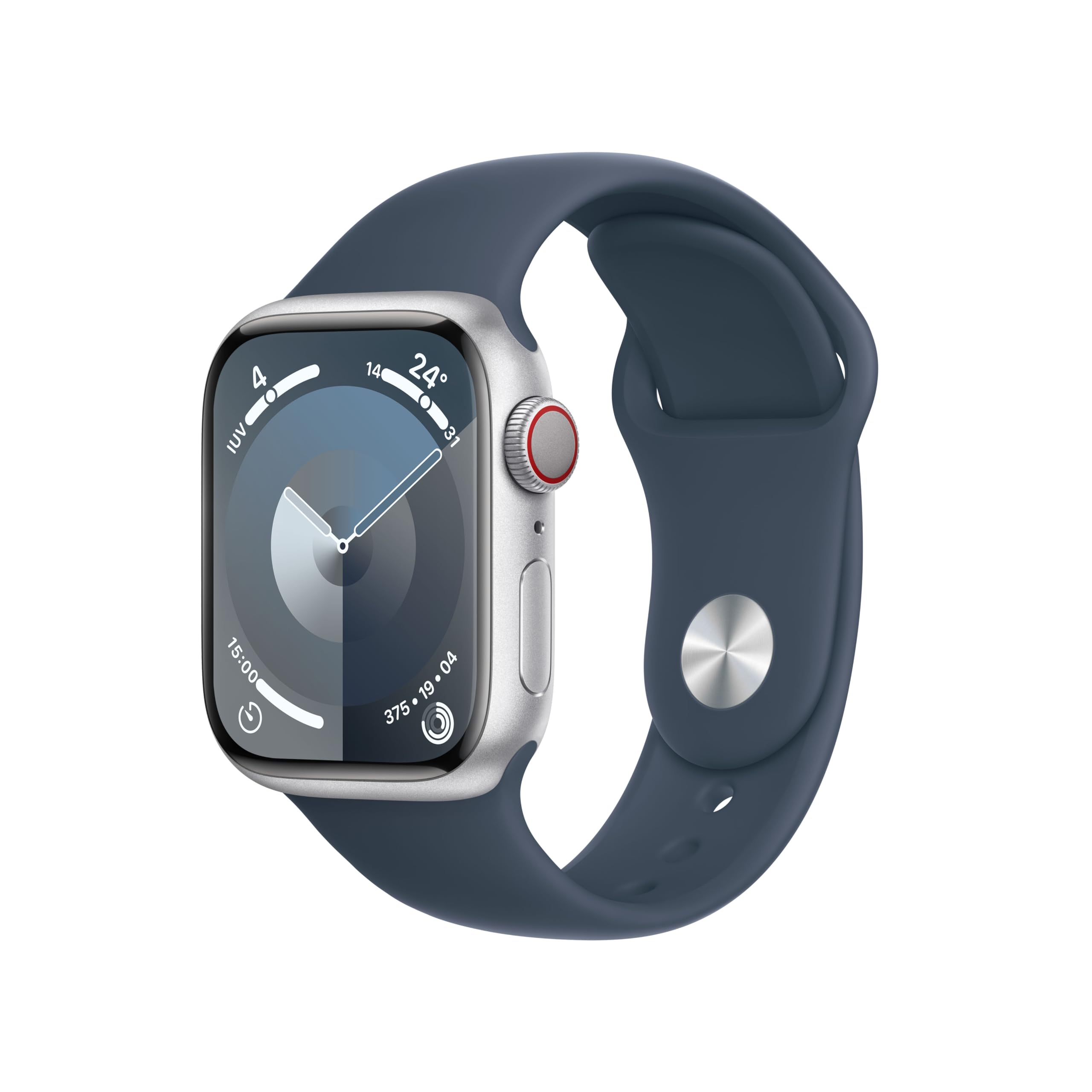 Apple Watch Series 9 [GPS + Cellular, 41mm] Silver Aluminum Case with Storm Blue Sports Strap, M/L (Refurbished) - Image 1