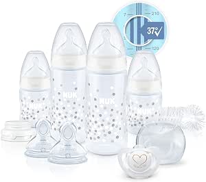 NUK Perfect Start First Choice+ Baby Bottles Set, 0-18 Months, 4 Temperature Control Bottles, Dummy, Bottle Brush & More, BPA-Free, 10 Count, White - Image 1