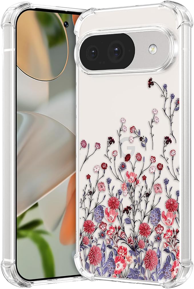 RALEAVO Case Compatible with Google Pixel 9/9 Pro, Transparent Silicone Case with Flowers Pattern for Pixel 9/9 Pro-Safflower - Image 1