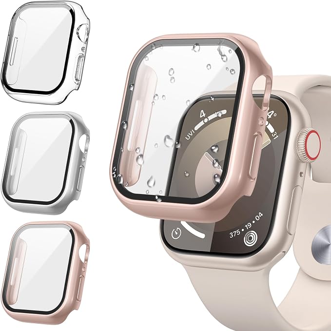[3 Pieces] Kamita Case for Apple Watch Series SE 3/SE 2/6/5/4 40mm, Protective Case with Tempered Glass Screen Protector, Hard PC Bumper Case Shockproof Cover for iWatch 40 (Clear+Silver+Gold) - Image 1