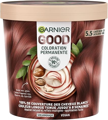 Garnier - Permanent Hair Colour - Ammonia-Free - 90% Natural Ingredients - Vegan Formula - Shea Butter - 100% White Hair Coverage - Light Brown Mahogany Cherry (5.5) - Good - Image 1