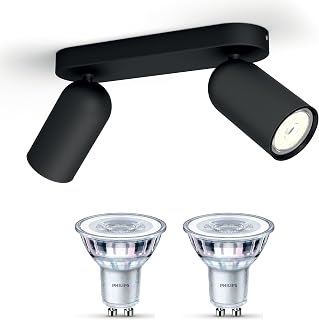 Philips Pongee Spot en saillie (Noir) - Lumière Blanc Chaud - Spot de Plafond avec 2 Luminaires - GU10 - Non Dimmable - Image 1