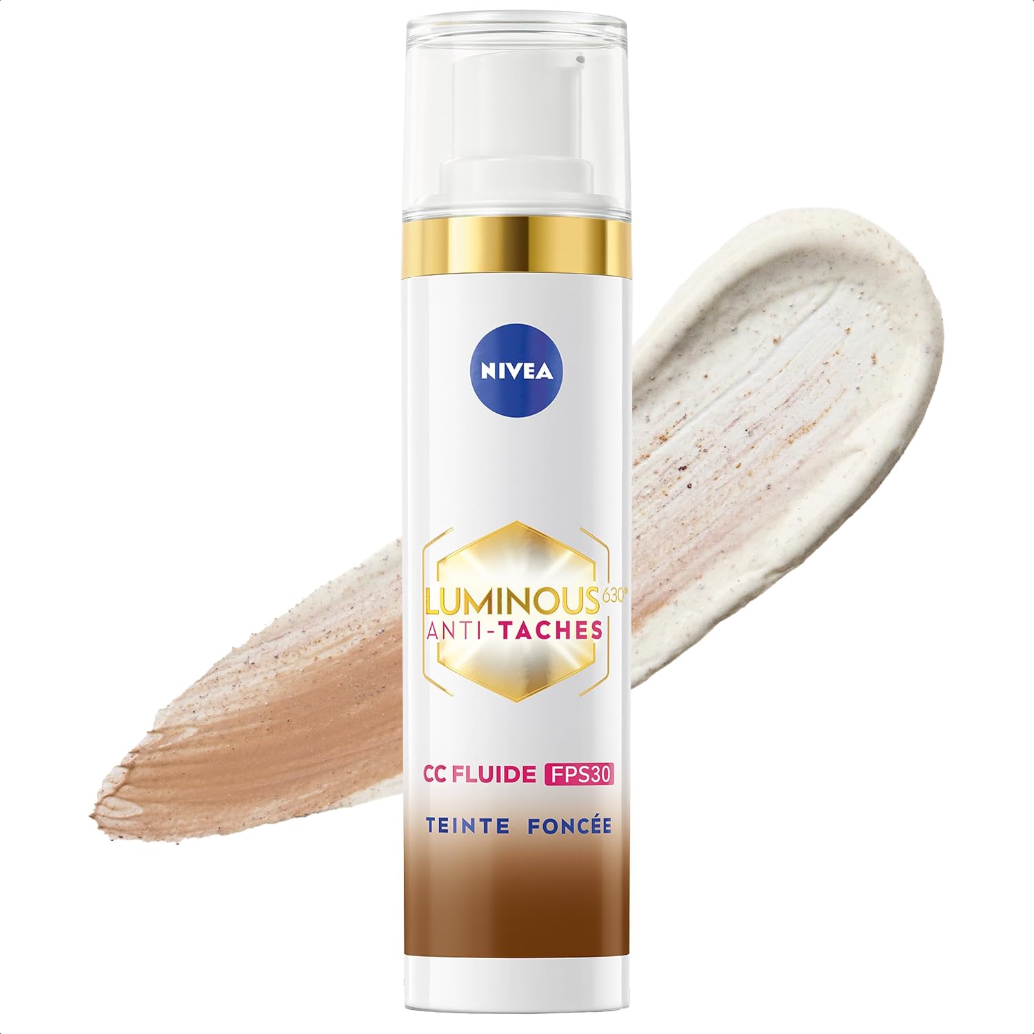 NIVEA Luminous 630 CC Fluide anti-taches FPS30 Teinte Foncée (1 x 40 ml), CC Crème teint unifié, Fond de teint couvrant imperfections, Soin visage teinté anti-âge correcteur réducteur de taches - Image 1