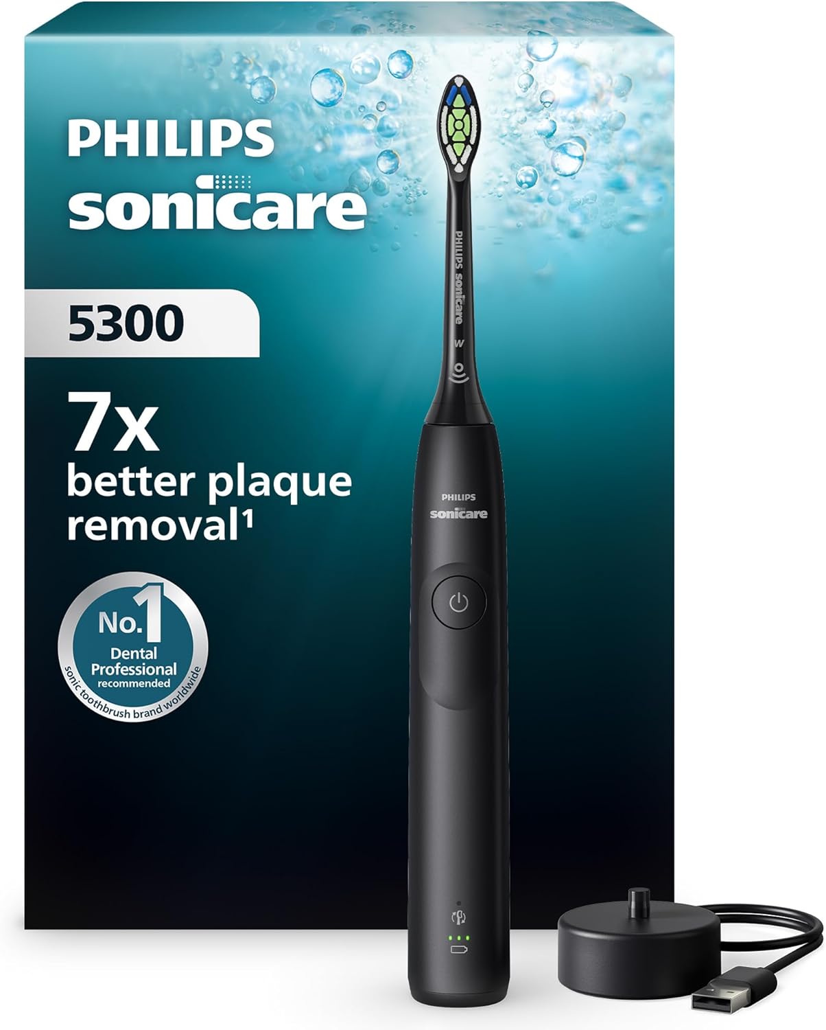 Philips Sonicare 5300 - Brosse à dents électrique sonique avec 2 niveaux d'intensité, Alerte de pression, EasyStart, SmarTimer et BrushPacer, Noir, modèle HX7101/01 [Nouvelle technologie] - Image 1
