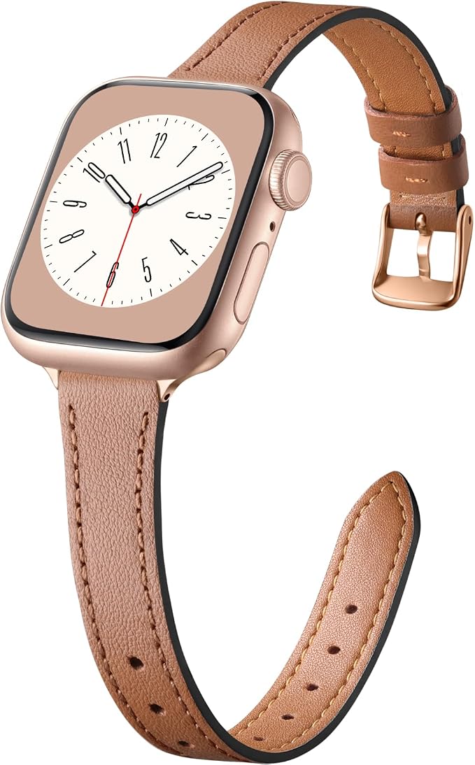CeMiKa Narrow Leather Bands Compatible with Apple Watch Band 38mm 40mm 41mm, Genuine Leather Replacement Strap for Apple Watch SE3 SE/iWatch Series 11 10 9 8 7 6 5 4 3, Women Men, Brown - Image 1