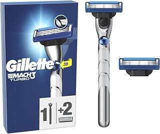 Gillette Rasoir Pour Homme Mach3 Turbo, Manche Et 2 Recharges, Cartouche Avec Un NOUVEAU Revêtement De Lame Pour Réduire La Pression Sur La Peau, Bande Lubrifiante Pour Rasage Avec Une Glisse Fluide - Image 1