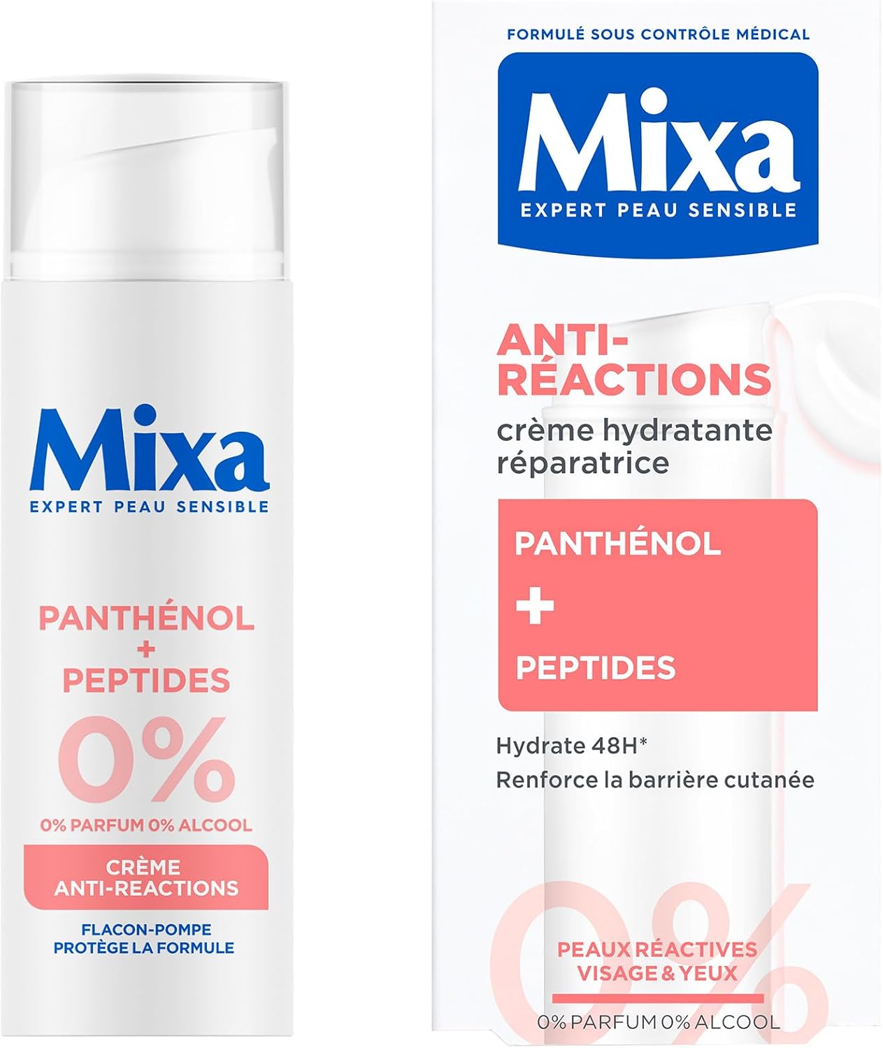 MIXA - Crème Anti-Réactions - Hydrate Intensément & Répare La Barrière Cutanée en 4H* - Sans Parfum, Sans Alcool - Panthénol + Peptides - Tous Types de Peaux Réactives - Flacon-Pompe 50 ml - Image 1