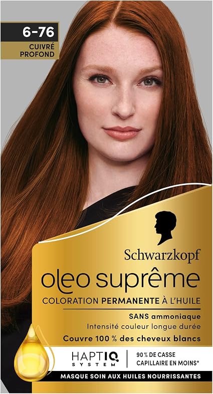 Oleo Suprême - Schwarzkopf - Permanent Oil Colour - Long-Lasting Colour and Radiance - Ammonia-Free - 100% White Coverage - HaptIQ System - Deep Copper 6-76 - Image 1