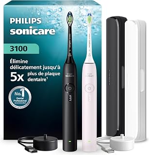 Brosse à dents électrique Philips Sonicare série 3000 – capteur de pression, 3 intensités, EasyStart, SmarTimer, autonomie 14 j, étui de voyage, pack de 2, noir/rose pâle, HX4072/42, [Nouveau] - Image 1