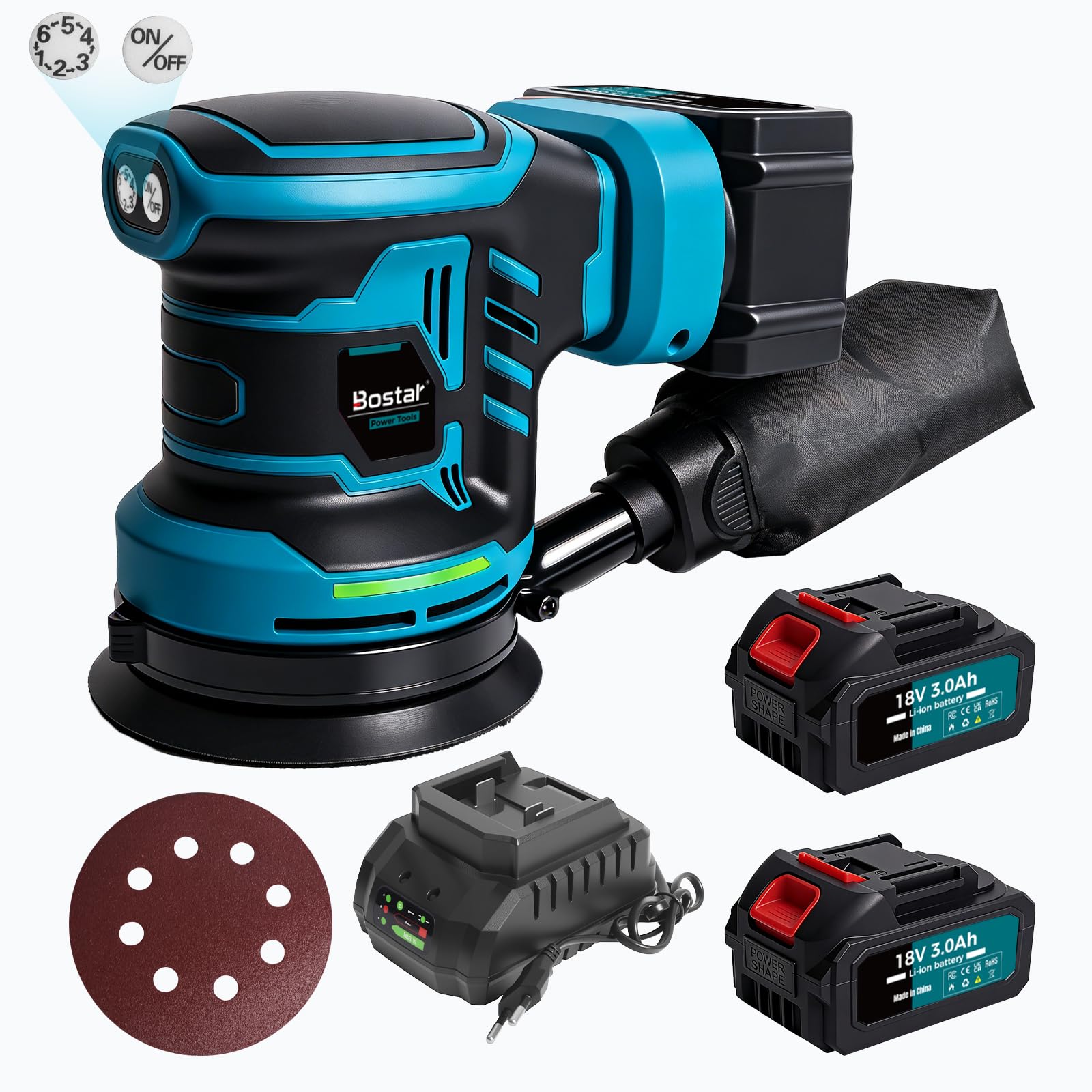 Bostar 18V Cordless Eccentric Sander, Ø125mm Brushless Motor, 2 Batteries 3.0Ah, Max. 21000 rpm, 6 Speed, Dust Bag, Orbital Sander for Wood and Car, Compatible Makita 18V - Image 1