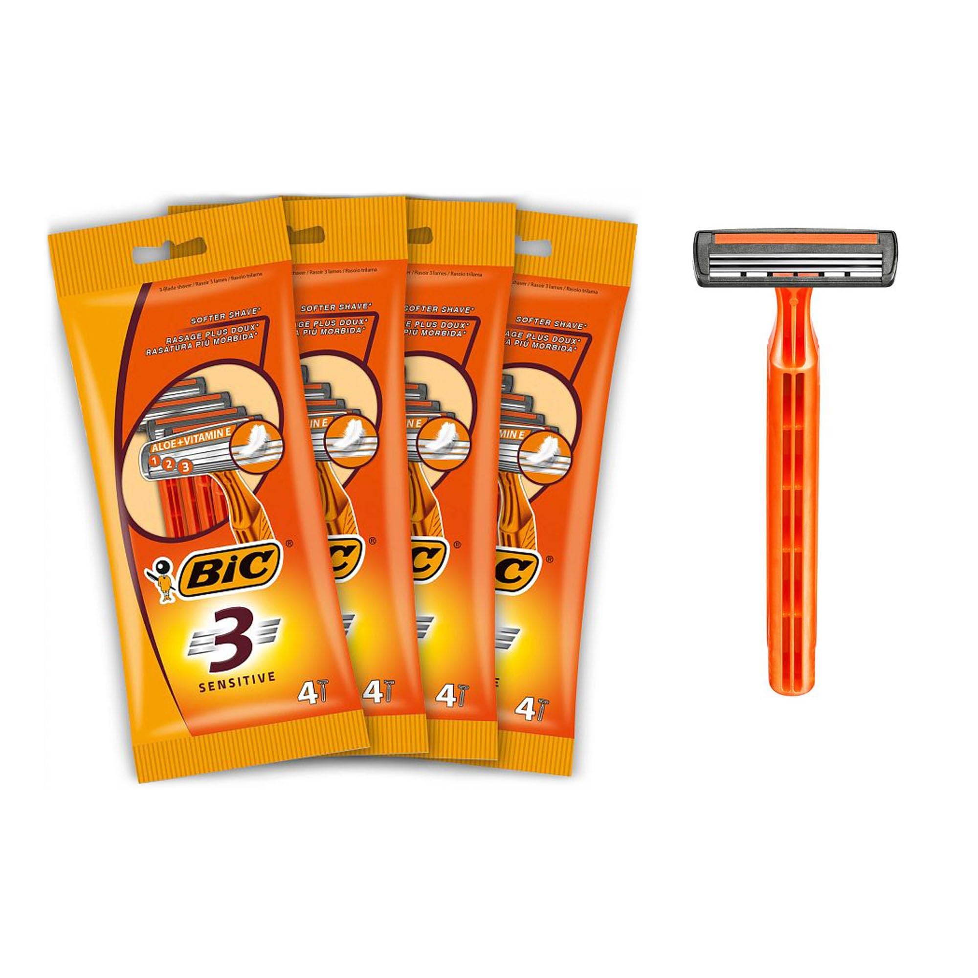 BIC 3 Sensitive - 16 Disposable Razors for Men, 3 Blades with Lubricating Strip for a Gentle and Accurate Shave - Pack of 4 Packs of 4 - Image 1