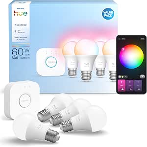 Philips Hue Essential Starter Kit: Bridge + 4 Smart Bulbs E27 Essential, White and Color Ambiance, 2200-6500 K, Smart Bulb Compatible with Alexa, Google Assistant, Apple Home - Image 1