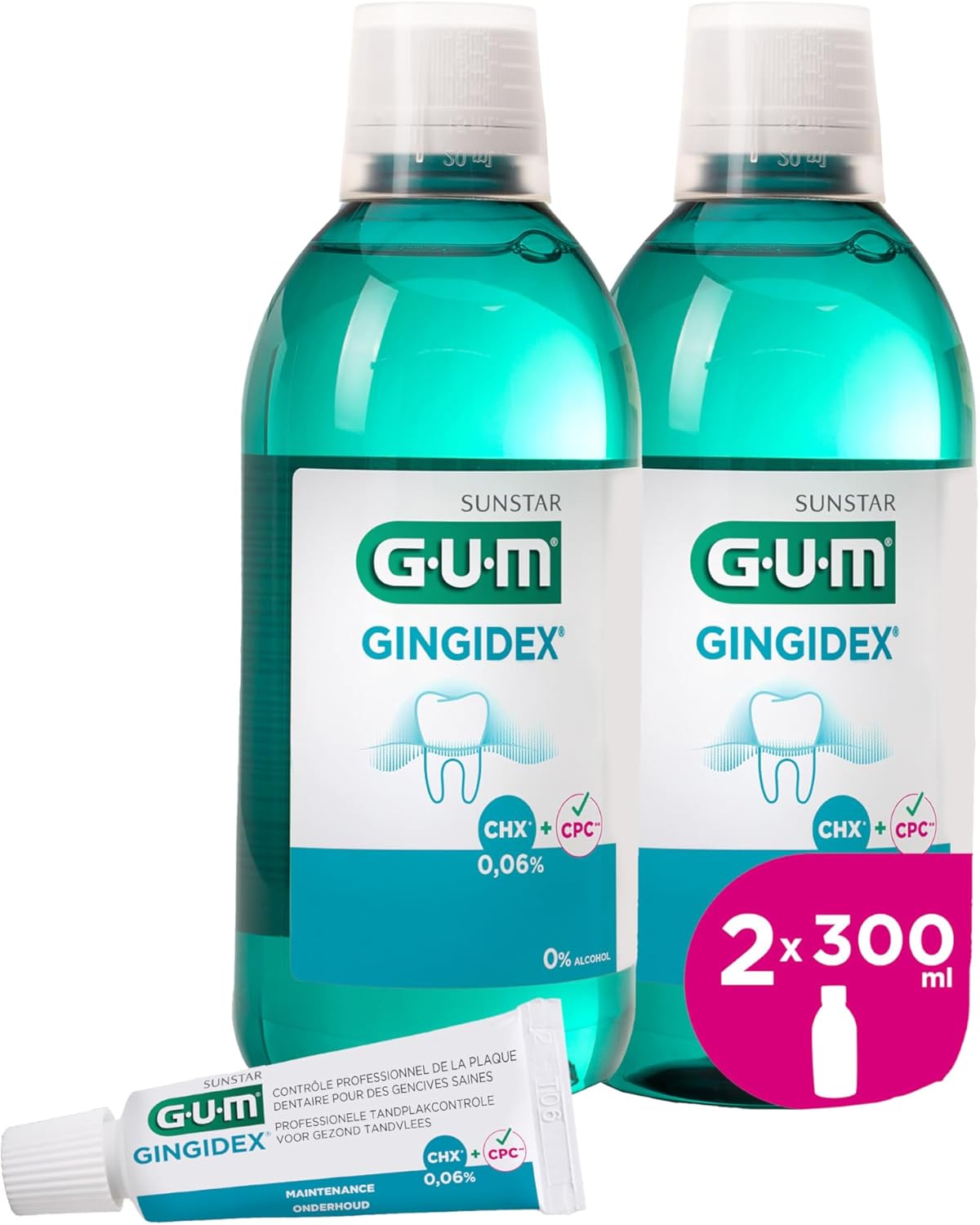Bain de bouche Maintenance GUM GINGIDEX 0,06% | soin des gencives | double action antiplaque | apaise les gencives sensibles | sans alcool | 2 x 300 (avec 1 échantillon gratuits) - Image 1