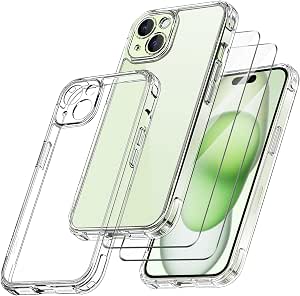 Qasyfanc Protective Camera Case Compatible with iPhone 15 Plus and 2 Pieces Tempered Glass, [Military Protection] Shockproof Anti-Yellow 360 Degree Cover, Transparent - Image 1