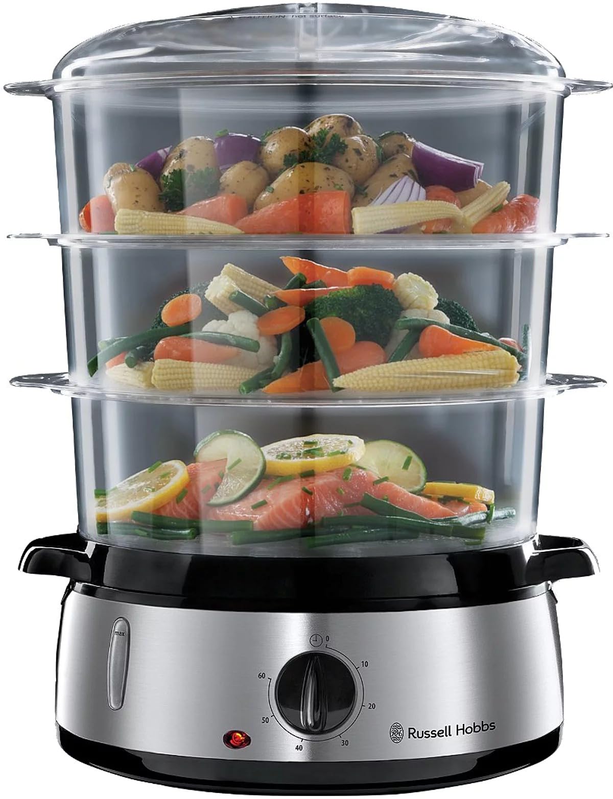 Russell Hobbs Cook@Home Steamer [Large Capacity] (800 W, 9 L, 3 Levels, 1 Rice Cooker Basket + 6 Egg Holders Included, Digital Screen, Programmable Timer, 3 Baskets Without BPA) 19270-56 - Image 1