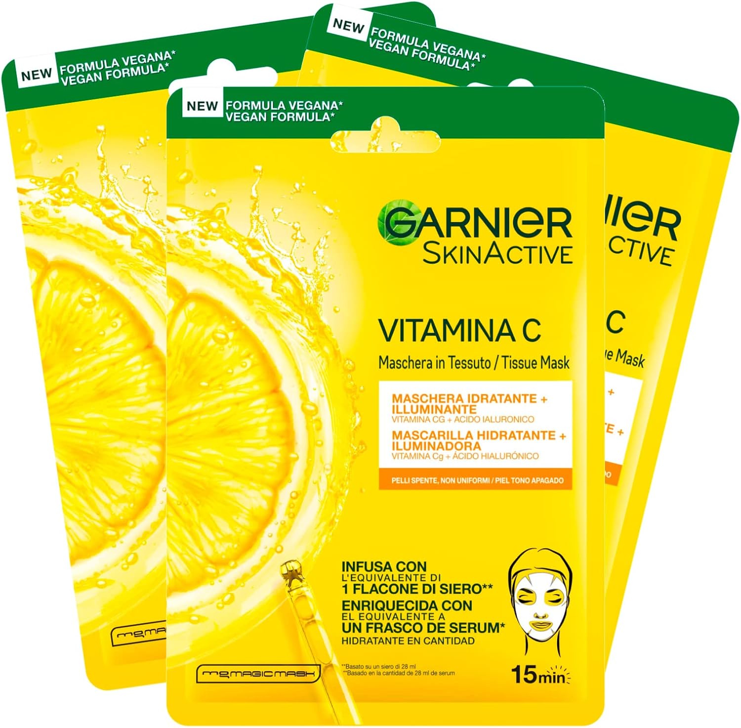 Garnier SkinActive Masque Jetable en Feuille Hydratante et Éclairante à la Vitamine C et à l'Acide Hyaluronique - 3 Masques Jetables - Image 1