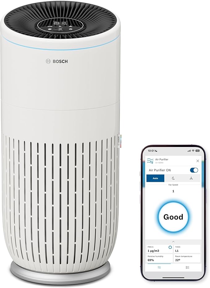 Bosch Air 6000i - Smart air purifier - Covers 125 m² - Effectively filters over 99% of pollutants - Auto/sleep mode (< 25 dB(A)) - CADR: 600 m³/h - Connectivity with display and app - Image 1