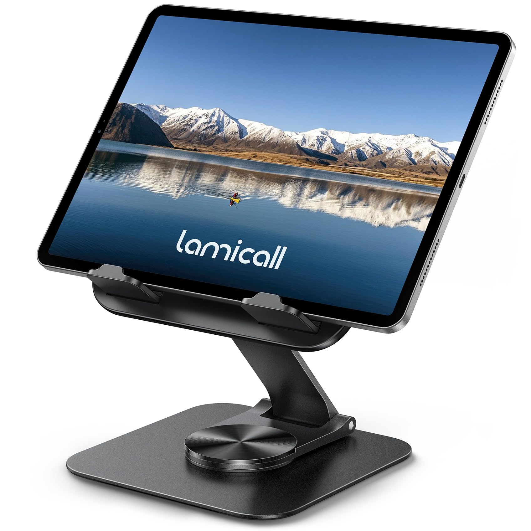 Lamicall Tablet Stand, Desktop Tablet Stand – [360° Rotating Metal Base] Adjustable Portable Folding iPad Holder for iPad Pro, Air, Mini, Samsung, iPhone and Other 4.7-13 Inches - Image 1