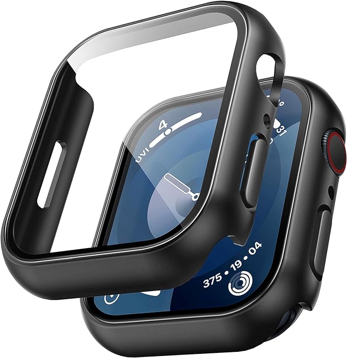 TAURI 2 Pieces PC Case Compatible with Apple Watch Series 9/8/7 45mm, Ultra Thin [Touch Sensitive] Tempered Glass Screen Protector iWatch Series 9/8/7 45mm-Black - Image 1