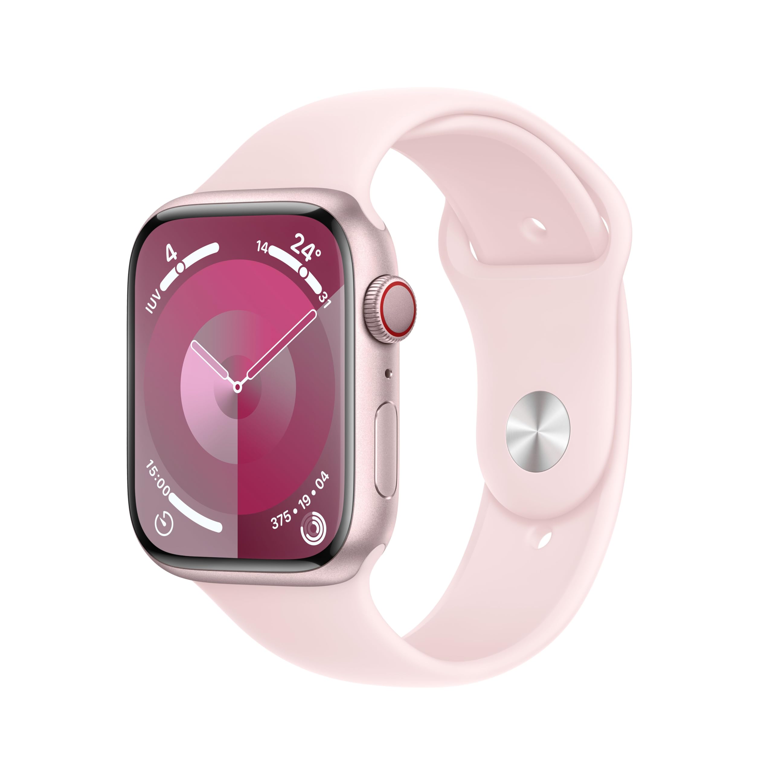 Apple Watch Series 9 [GPS + Cellular, 45mm] Pink Alluminum Case with Pink Sport Strap, M/L (Refurbished) - Image 1