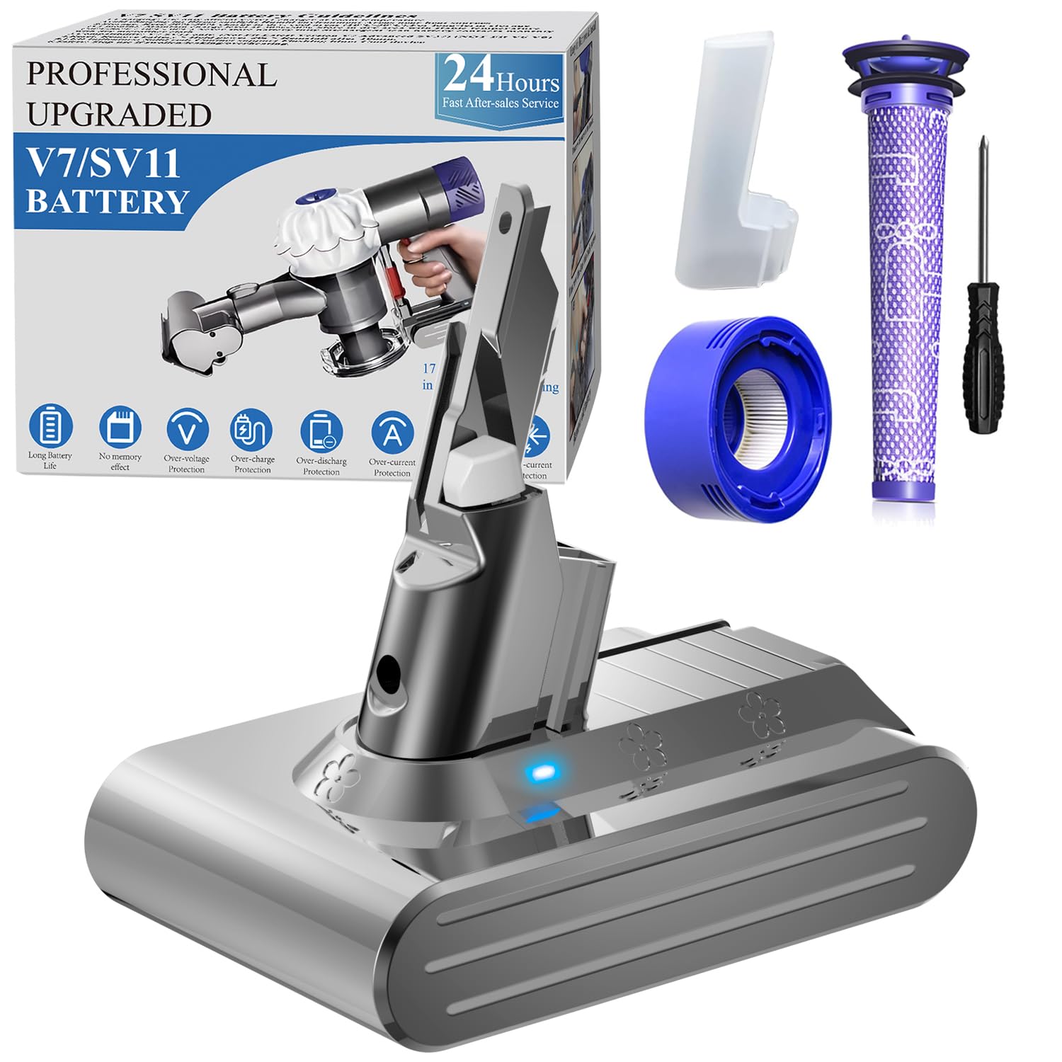 DTK Battery for Dyson V7 Battery SV11 Compatible with Dyson V7 Animal/Absolute/Fluffy/Motorhead/Trigger/HEPA with 2 Filters - Image 1