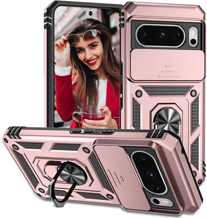 Case for Google Pixel 8 Pro Case, Camera Protector, Hard Armor Cover 360° Metal Ring Magnetic Stand Case, PC Hard and TPU Silicone Shockproof Anti-Scratch Case Rose Gold - Image 1