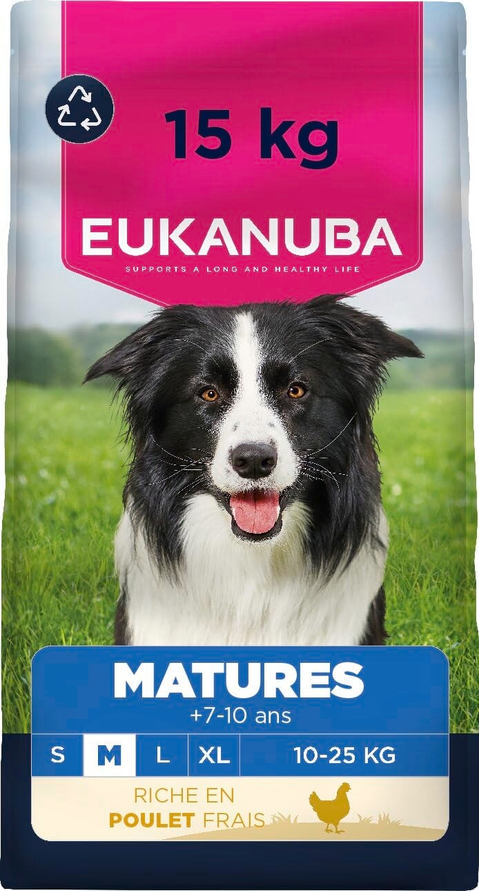 EUKANUBA Life Care Croquettes Chien Mature Moyenne Race 7 à 10 Ans, Riche en Poulet Frais, L-carnitine, Calcium, Glucosamine, Oméga 3&6, Prébiotiques, sans colorants, arômes artificiels ni OGM - 15 kg - Image 1