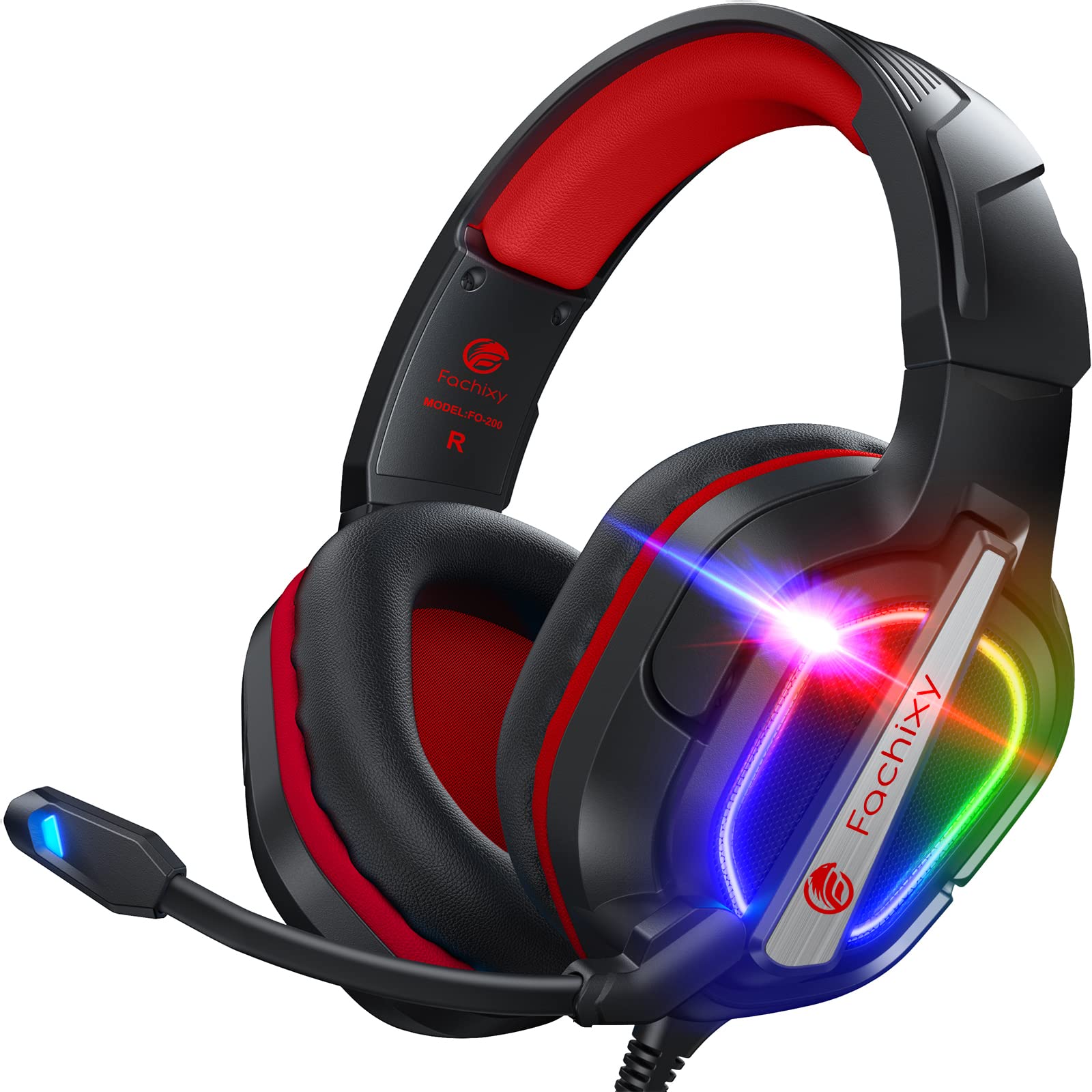 Fachixy FC200 Gaming Headset for PS5, PS4, PC, Xbox, Nintendo Switch, PS5 Headset with Cable and RGB Light, Stereo Surround Headset with Microphone, Noise Cancelling Gamer Headphones – Red - Image 1
