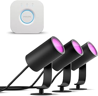 Philips Hue Lily Kit de démarrage avec 3 spots de jardin (anthracite) - Lumière blanche et colorée - Comprend 1 câble d'alimentation, 1 Hue Bridge - Éclairage de jardin - Hue White and Color Ambiance - Image 1