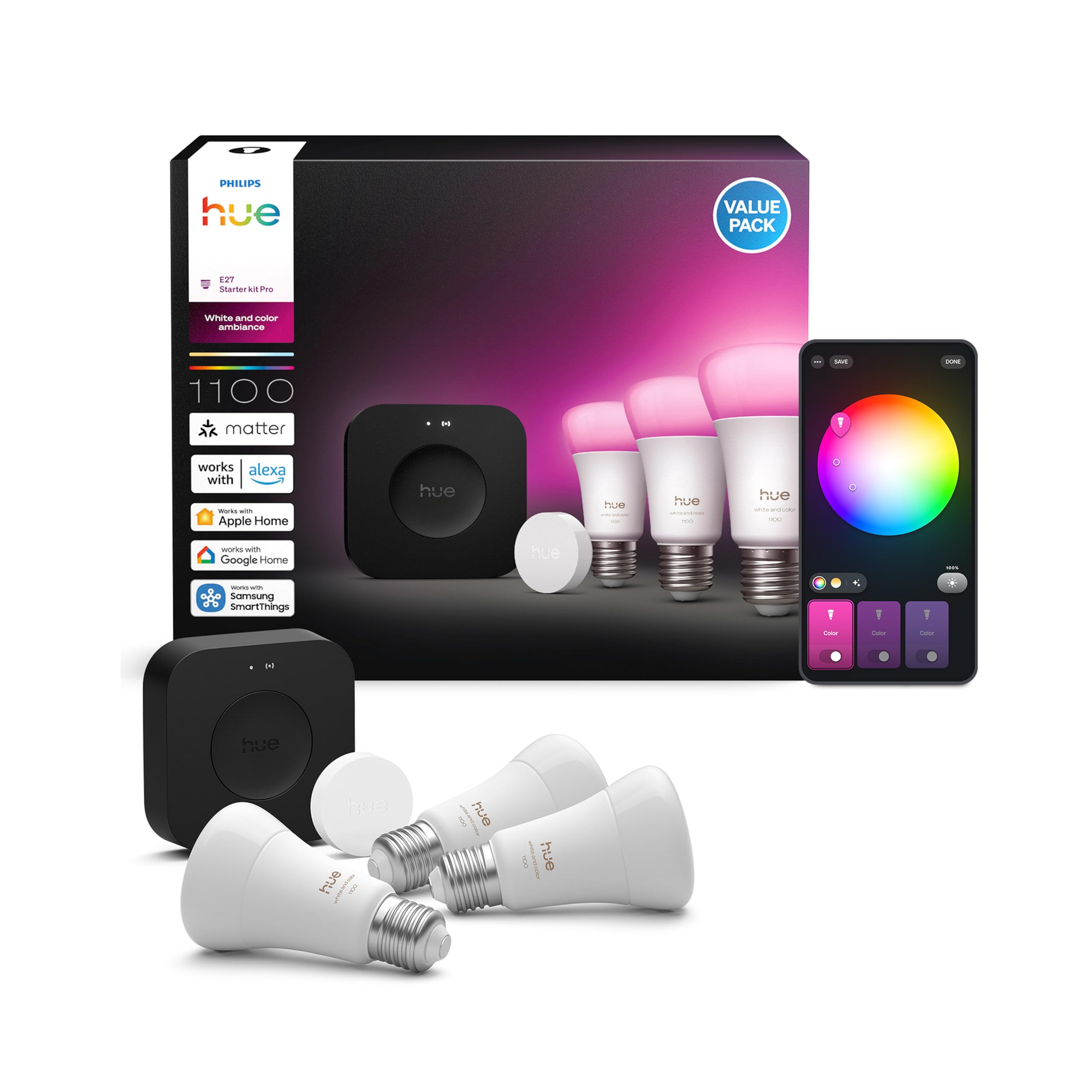 Philips Hue Starter Kit: Bridge Pro + Smart Button + 3 Smart Bulb A60 E27, White and Color Ambiance, Smart Lighting Compatible with Apple Home, Alexa, Google Assistant, Samsung SmartThings - Image 1