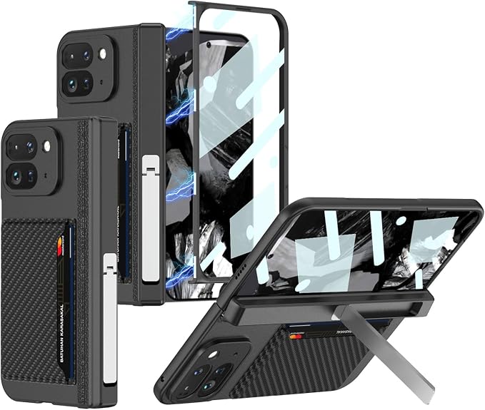 Miimall Google Pixel 9 Pro Fold Case with Card Holder, Stand Case with Tempered Glass Screen Protector, Shockproof Case with Hinge Protection for Pixel 9 Pro Fold (Carbon) - Image 1