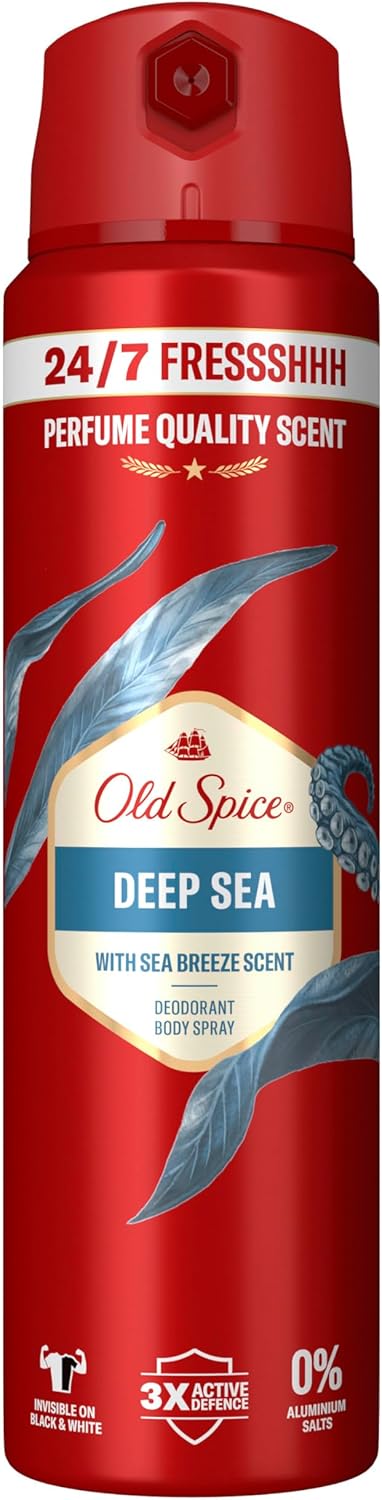 Old Spice Deep Sea Déodorant en spray pour homme 150 ml Fraîcheur 24/7 à usage quotidien Parfum longue durée de qualité Parfum, protection contre les odeurs, sans sels d'aluminium, invisible sur le - Image 1