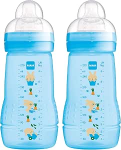 MAM Easy Active Baby Bottle Set of 2 (270 ml), Baby Bottle with MAM Teat, Size 1, Milk Bottle with Ergonomic Shape, 0+ Months, Blue, Foreign Language Instructions - Image 1