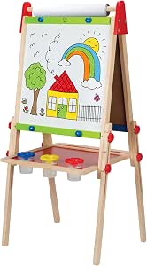 Hape All in One Wooden Easel, Rewarded Easel with Two Sides, Height Adjustable with Paper Roll, Blackboard and Whiteboard, Magnets and 3 Paint Pots - Image 1