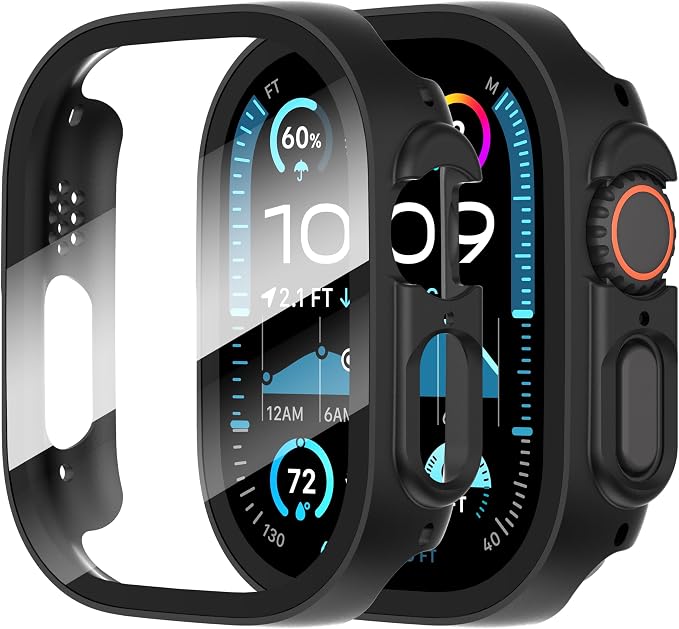 Diruite 2 Pieces Case for Apple Watch Ultra 3/2/1 49mm Protective Hard PC Material Ultra Thin Tempered Glass Screen Case, Black, 49mm - Image 1