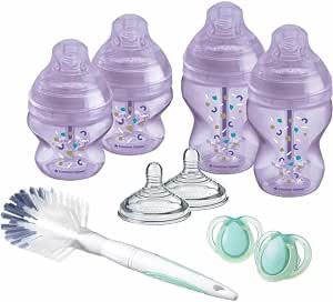 Tommee Tippee Closer to Nature Baby Bottle Kit for Newborns, Dummies Imitating the Breast, Anti-Colic Valve, Bottles 2 x 260 ml 2 x 150 ml, Pacifier, Brush, Purple - Image 1