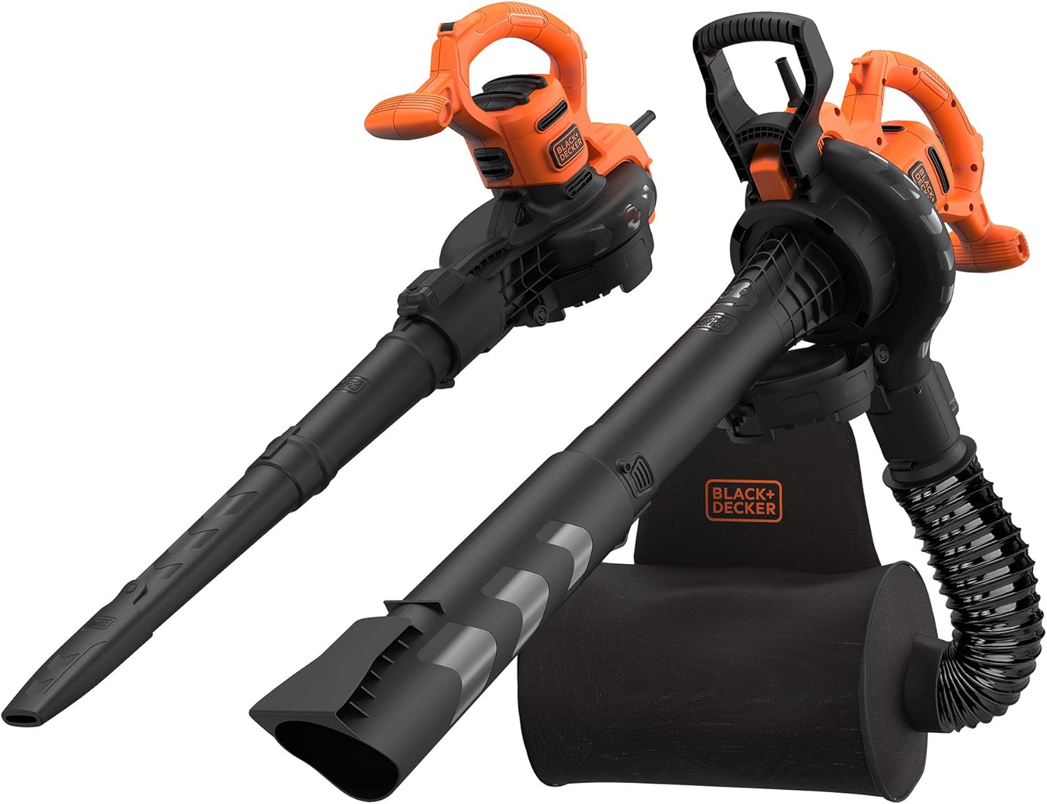 BLACK+DECKER BEBLV260 3-in-1 Electric Leaf Vacuum Cleaner with Grinder, 315 km/h High Blow Speed, 55 Litre Collector Bag, for Patios, Paths, Driveways, Black/Orange - Image 1