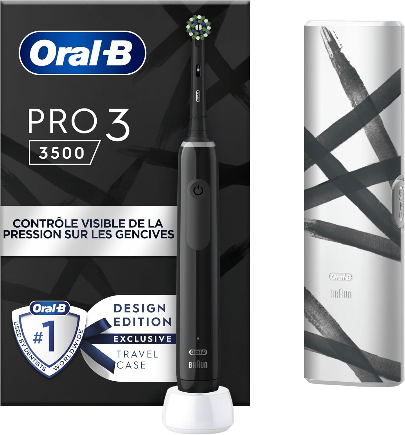Oral-B Pro 3500 Brosse À Dents Électrique Noire, Avec Un Capteur De Pression Pour Protéger Les Gencives Sensibles, Avec Des Accessoires, 1 Brossette Ronde, 1 Étui De Voyage, Conçue par Braun - Image 1