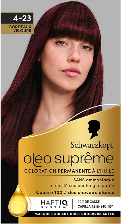 Schwarzkopf – Oleo Supreme – Permanent Oil Colour – Long-Lasting Colour and Shine – Ammonia-Free – 100% White Hair Coverage – HaptIQ System – Burgundy Velvet 4-23 - Image 1