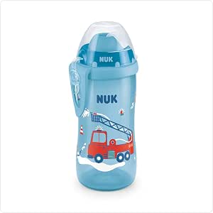 Nuk Nuk First Choice+ Flexi Cup Learning Bottle from 12 Months | Leakproof with Straw Clip & Protective Cap BPA Free 300ml Fire Truck (Blue) - Image 1