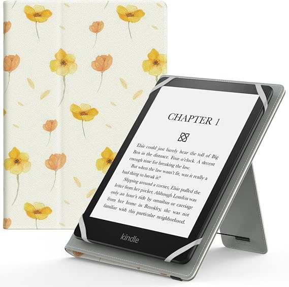 MoKo Universal Case for 6 Inch 6.8 Inch 7 Inch Kindle eReaders Fire Tablet - Kindle/Kobo/Voyaga/Lenovo/Sony Kindle E-Book E-Reader Tablet, PU Case with Adjustable Stand and Hand Strap, Flower on White - Image 1
