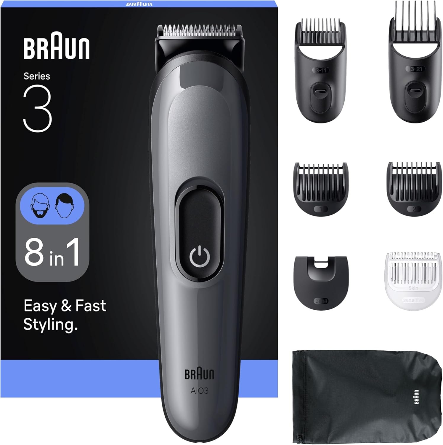 Braun Kit De Rasage Tout-En-Un Series 3, 8-En-1, Lame Ultra-Affûtée, 14 Longueurs, Coupe Précise Pour Visage Et Cheveux, Autonomie De 50 Min, Style Facile Et Rapide, AIO3540, Gris - Image 1