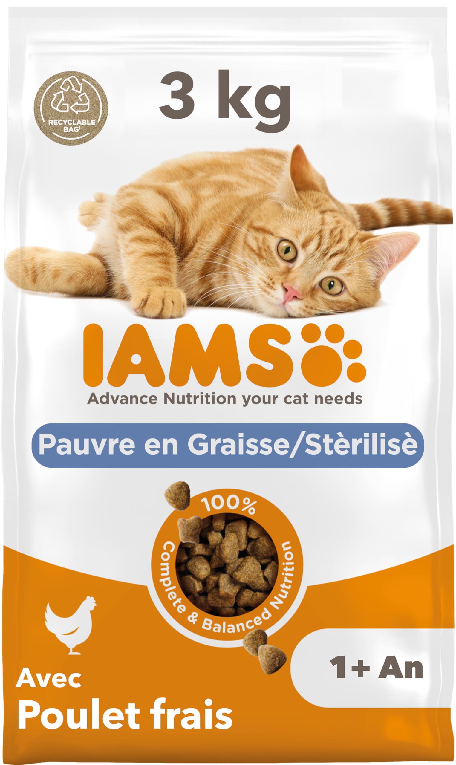 IAMS Advanced Nutrition Lightweight Dry Food Suitable for Sterilized Cats - Complete Balanced - Promotes Weight Control - Fresh Chicken - Non-GMO Artificial Flavour Colours - 3 kg - Image 1