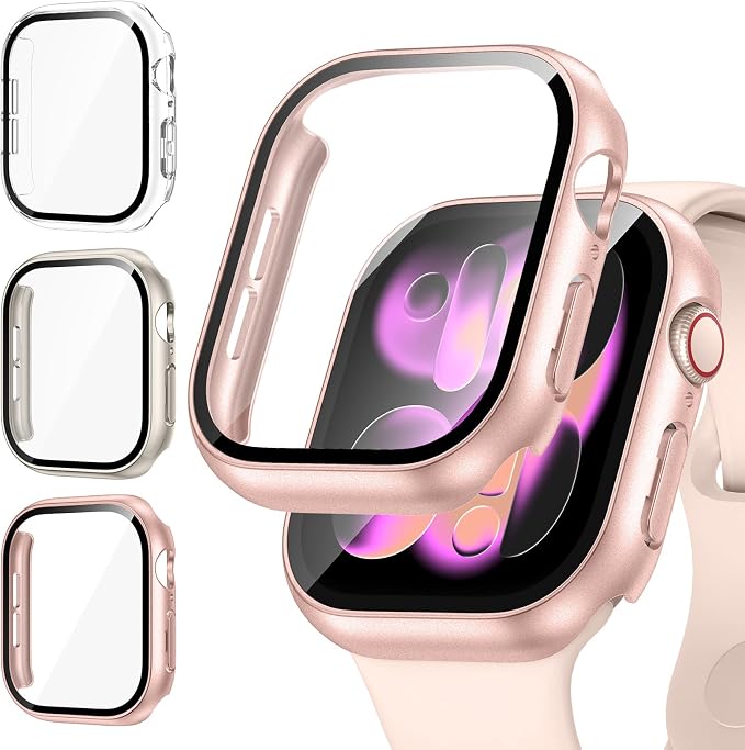 Kamita [3 Pieces] Case for Apple Watch Series 11/Series 10 42 mm, Protective Case with Tempered Glass Screen Protector, Hard PC Bumper Case Cover for iWatch11/iWatch10 (Clear+Stellar+Rose Gold) - Image 1