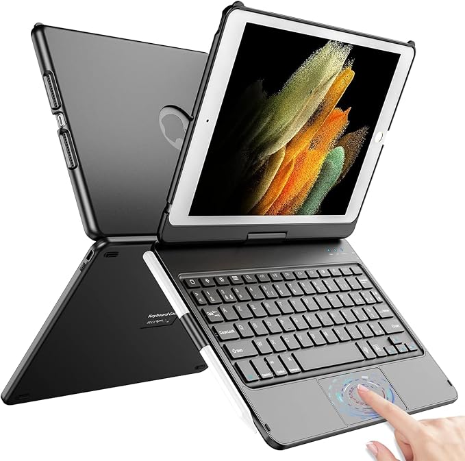 TQQ Keyboard for iPad (7th, 8th and 9th Generations) with Precision Touchpad, 10 Colours Backlit Keyboard for Laptop, 360° Rotating, French AZERTY Keyboard - Image 1