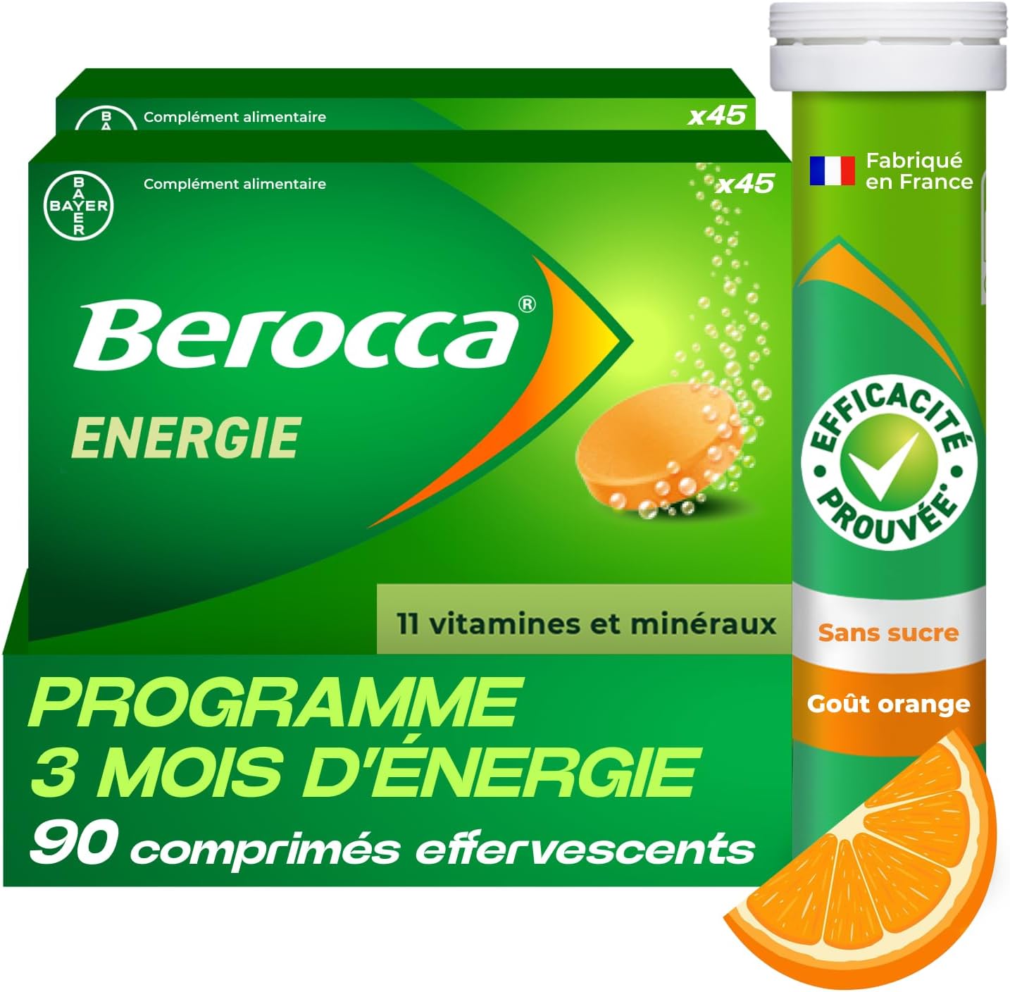 Berocca Energie Orange - Multivitamins and Minerals - Vitamin C, B3, B5, B1, B12, Calcium, Magnesium and Zinc - Dietary Supplement - Helps Reduce Fatigue - 2x45 Effervescent Tablets - Image 1