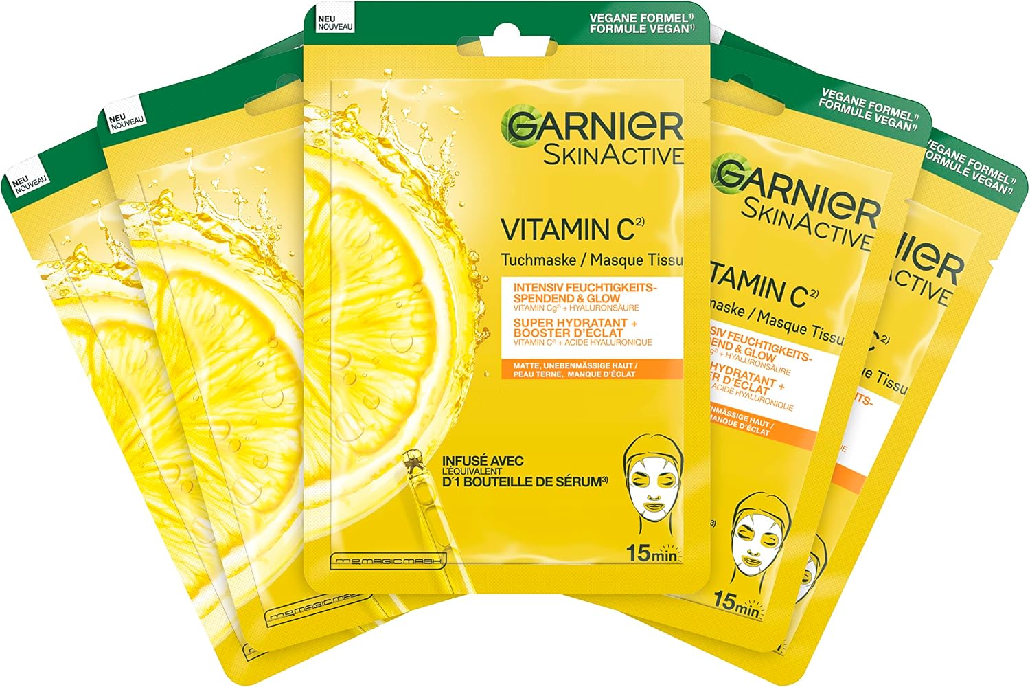 Garnier SkinActive Lot de 5 masques hydratants pour peaux sensibles à l'acide hyaluronique et à la vitamine C pour une peau rayonnante et un effet brillant - Image 1