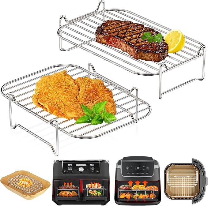 Ninja Air Fryer Grill | HONYAO 2pcs Stackable AirFryer Accessories for Ninja AF300EU AF400EU and Other Dual Fryer 7.6L -10.4L | Food Stainless Steel 304 | Air Fryer Racks - Image 1